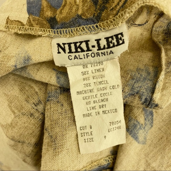 Vintage Tan Blue Linen Blend Floral Wrap Front Skirt - Picture 5 of 7